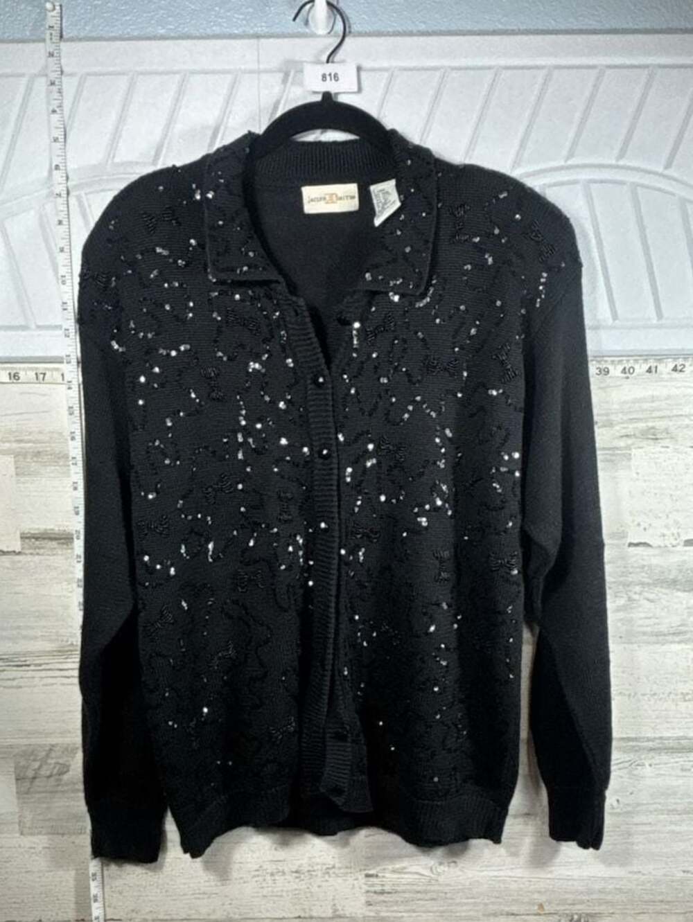 Jaclyn Smith Vintage Black Cardigan Sweater Beaded Sequins Bows Size L